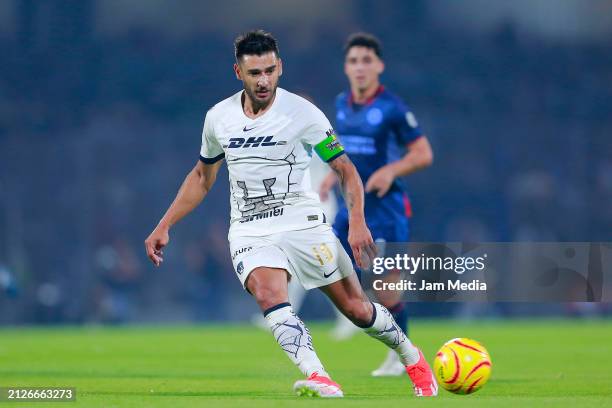 Eduardo Salvio of Pumas drives the ball during the 13th round match between Pumas UNAM and Cruz Azul as part of the Torneo Clausura 2024 Liga MX at...