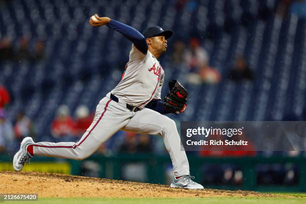 Raisel Iglesias of the Atlanta Braves in action against the Philadelphia Phillies during a game at Citizens Bank Park on March 30, 2024 in...