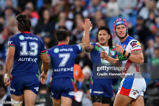 Kalyn Ponga of the Knights reacts during the round four NRL match between New Zealand Warriors and Newcastle Knights at Go Media Stadium Mt Smart, on...