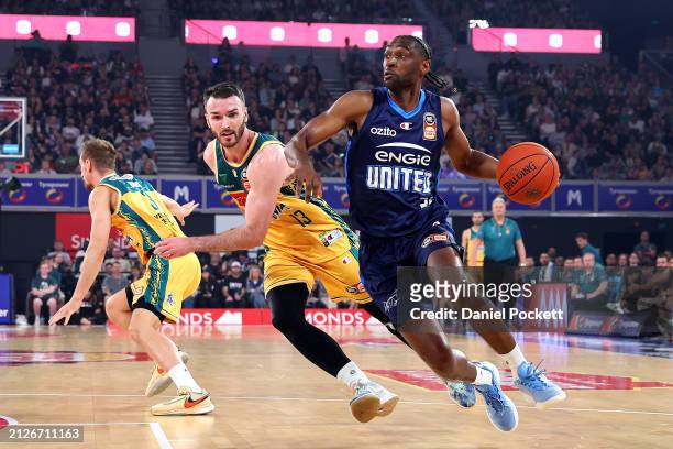 Ian Clark of United dribbles the ball during game five of the NBL Championship Grand Final Series between Melbourne United and Tasmania JackJumpers...