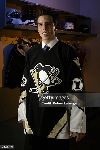 First round pick goaltender Marc-Andre Fleury of the Pittsburgh Penguins stands for a portrait during the 2003 NHL Entry Draft on June 21, 2003 at...