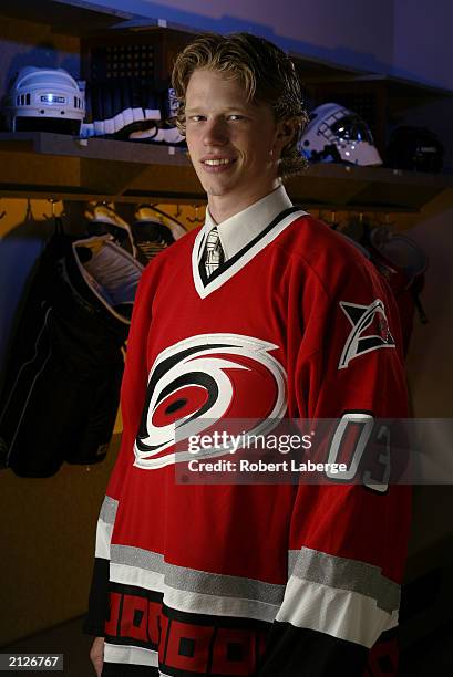 First round pick Eric Staal of the Carolina Hurricanes stands for a portrait during the 2003 NHL Entry Draft on June 21, 2003 at the Gaylord...