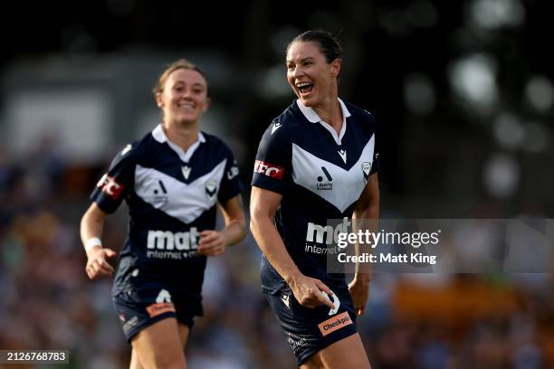 Emily Gielnik of the Victory celebrates with team mates after scoring a goal during the A-League Women round 22 match between Sydney FC and Melbourne...