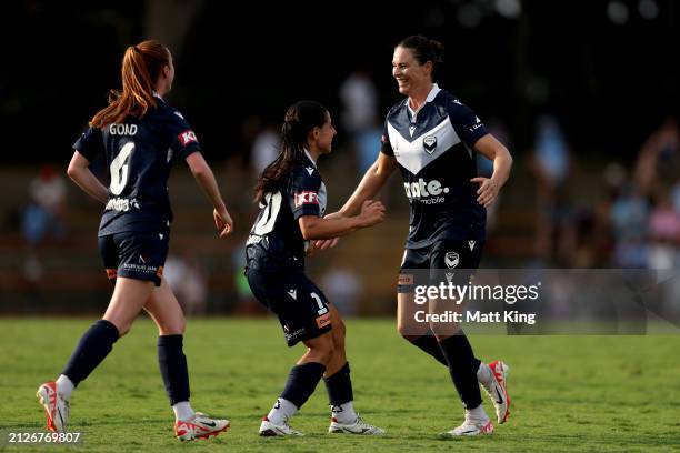 Emily Gielnik of the Victory celebrates with team mates after scoring a goal during the A-League Women round 22 match between Sydney FC and Melbourne...