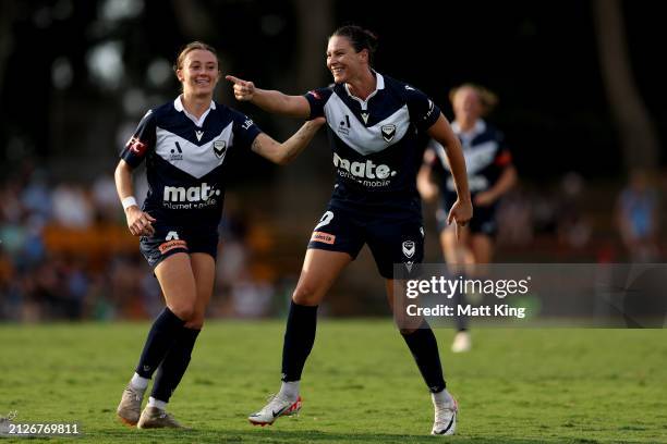 Emily Gielnik of the Victory celebrates with team mates after scoring a goal during the A-League Women round 22 match between Sydney FC and Melbourne...