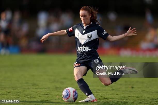 Beattie Goad of the Victory controls the ball during the A-League Women round 22 match between Sydney FC and Melbourne Victory at Leichhardt Oval, on...