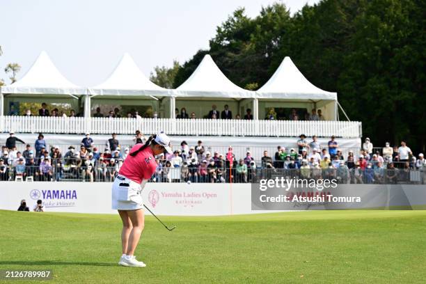 Sakura Koiwai of Japan chips onto the 18th green during the final round of YAMAHA Ladies Open Katsuragi at Katsuragi Golf Club Yamana Course on March...