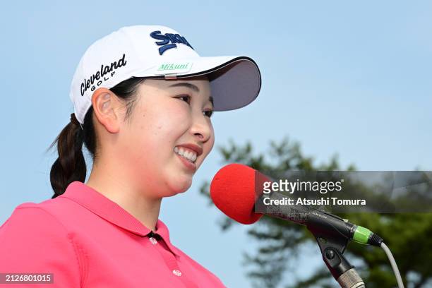 Sakura Koiwai of Japan is interviewed after winning the tournament following the final round of YAMAHA Ladies Open Katsuragi at Katsuragi Golf Club...