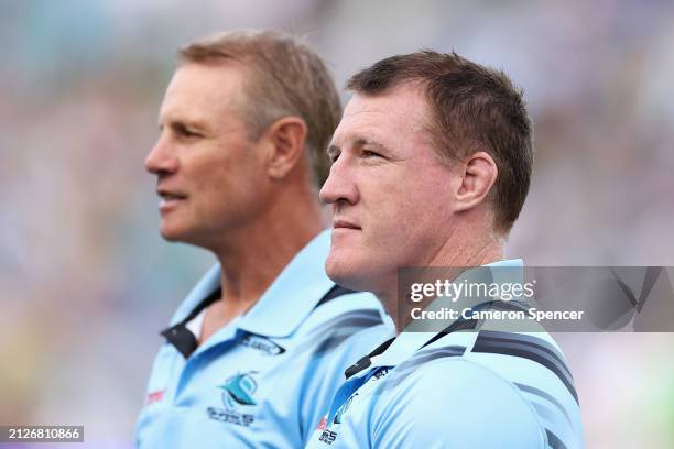 Sharks legends Paul Gallen and Andrew Ettingshausen are interviewed during the round four NRL match between Cronulla Sharks and Canberra Raiders at...