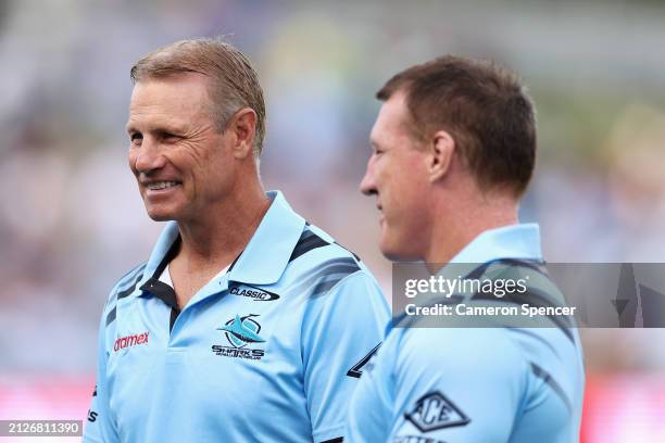 Sharks legends Andrew Ettingshausen and Paul Gallen are interviewed during the round four NRL match between Cronulla Sharks and Canberra Raiders at...