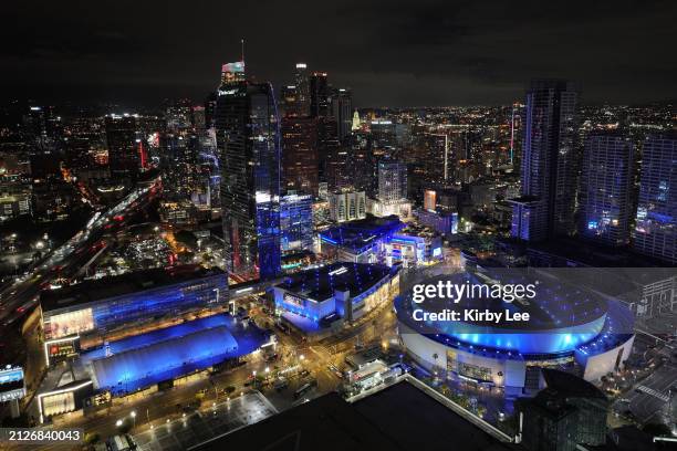 General overall aerial view of the Crypto.com Arena and Peacock Theater at LA Live on March 30, 2024 in Los Angeles, California.