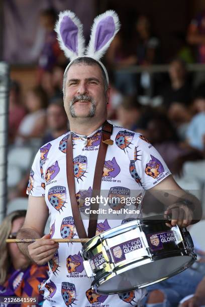 Glory fan Matthew Stacey shows his support during the A-League Women round 22 match between Perth Glory and Melbourne City at Macedonia Park, on...