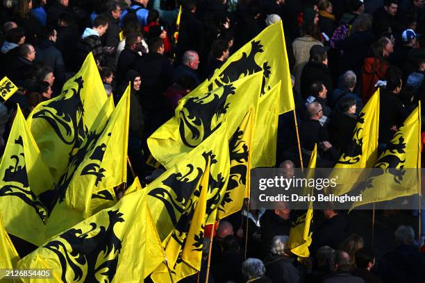 Fans with Flanders flags prior to the 108th Ronde van Vlaanderen - Tour des Flandres 2024 - Men's Elite a 270.8km one day race from Antwerpen to...