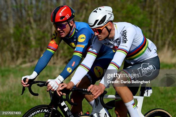 Mads Pedersen of Denmark and Team Lidl - Trek and Mathieu van der Poel of The Netherlands and Team Alpecin - Deceuninck compete during the 108th...