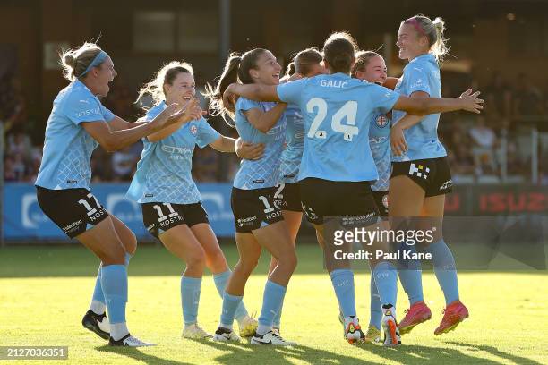 Shelby McMahon of Melbourne City celebrates a goal during the A-League Women round 22 match between Perth Glory and Melbourne City at Macedonia Park,...