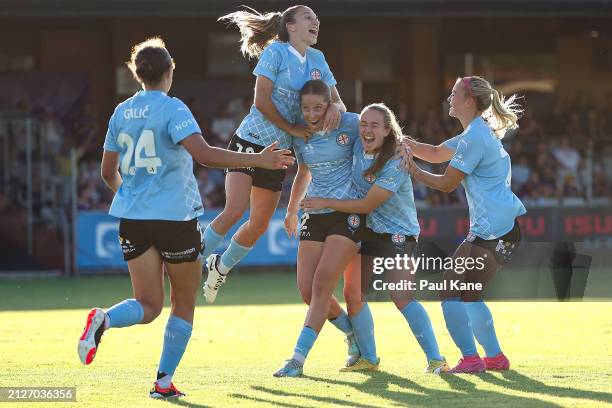 Shelby McMahon of Melbourne City celebrates a goal during the A-League Women round 22 match between Perth Glory and Melbourne City at Macedonia Park,...