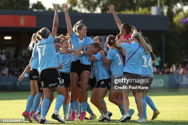 Melbourne City celebrate winning the A-League Women round 22 match between Perth Glory and Melbourne City at Macedonia Park, on March 31 in Perth,...