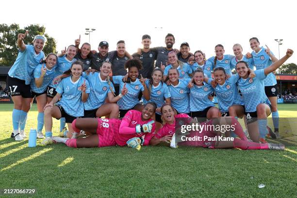 Melbourne City pose for a team photo after winning the A-League Women round 22 match between Perth Glory and Melbourne City at Macedonia Park, on...