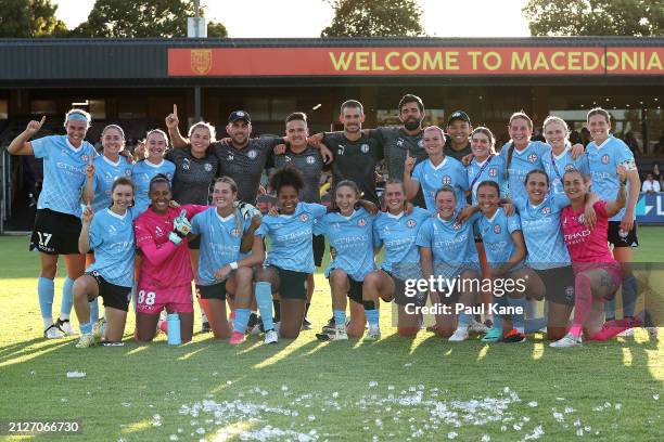 Melbourne City pose for a team photo after winning the A-League Women round 22 match between Perth Glory and Melbourne City at Macedonia Park, on...