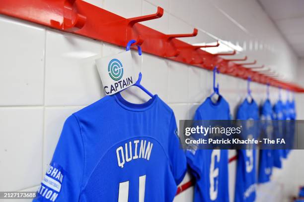 The shirt and captain's armband of Louise Quinn are displayed inside the Birmingham City dressing room prior to the Barclays Women's Championship...