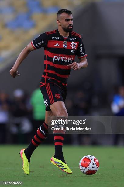 Fabricio Bruno of Flamengo runs with the ball during the first leg of the final of Campeonato Carioca 2024 betwee Nova Iguaçu and Flamengo at...