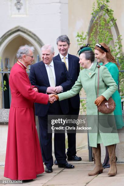 Prince Andrew, Duke of York, Vice Admiral Sir Timothy Laurence, Princess Anne, Princess Royal and Sarah, Duchess of York depart from the Easter...