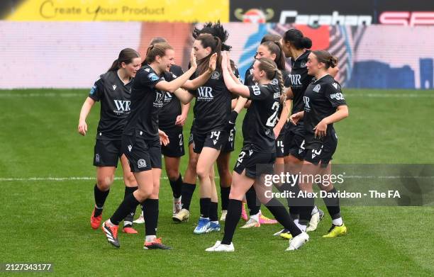 Hannah Coan of Blackburn Rovers celebrates scoring her team's second goal with teammates during Barclays Women's Championship match between Reading...