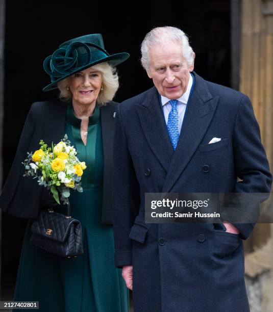 King Charles III and Queen Camilla attend the Easter Service at Windsor Castle on March 31, 2024 in Windsor, England.