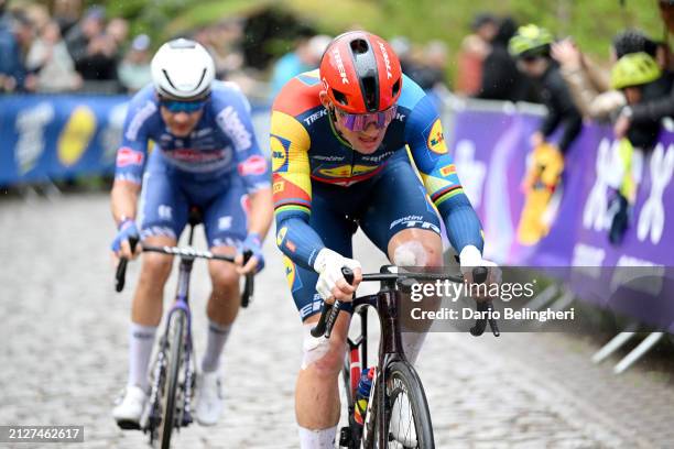 Gianni Vermeersch of Belgium and Team Alpecin - Deceuninck and Mads Pedersen of Denmark and Team Lidl - Trek compete in the breakaway during the...