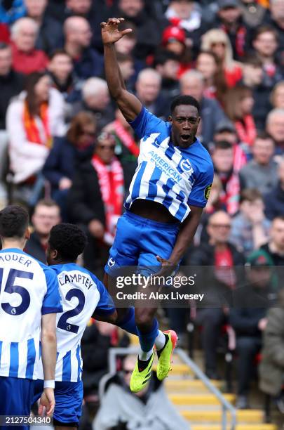 Danny Welbeck of Brighton & Hove Albion celebrates scoring his team's first goal during the Premier League match between Liverpool FC and Brighton &...