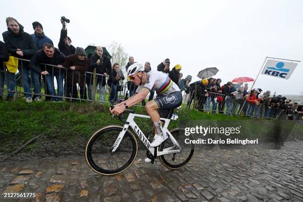 Mathieu van der Poel of The Netherlands and Team Alpecin - Deceuninck competes in the breakaway passing through the Koppenberg cobblestones sector...