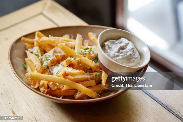 fries with parmesan cheese and truffled mayonnaise sauce - acompanhamento imagens e fotografias de stock