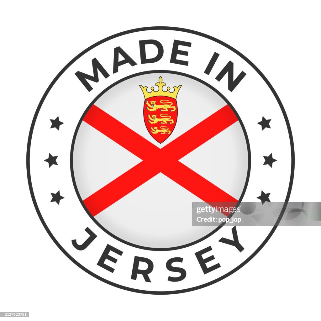 Made in Jersey - Vector Graphics. Round Simple Label Badge Emblem with Flag of Jersey and Text Made in Jersey. Isolated on White Background