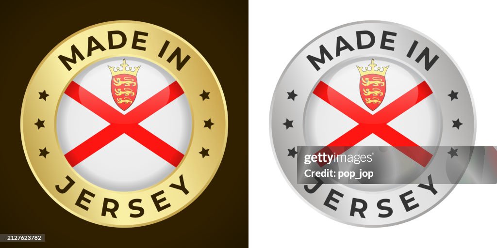 Made in Jersey - Vector Graphics. Round Golden and Silver Label Badge Emblem Set with Flag of Jersey and Text Made in Jersey. Isolated on White and Dark Backgrounds