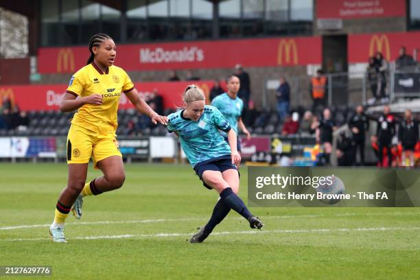 Lotta Lindstroem of London City Lionesses scores her team's first goal during the Barclays Women's Championship match London City Lionesses and...