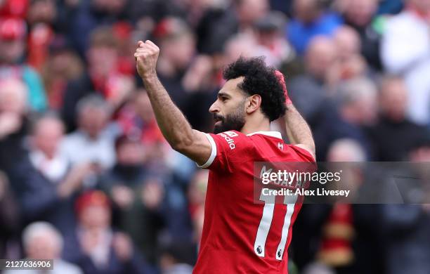 Mohamed Salah of Liverpool celebrates scoring his team's second goal during the Premier League match between Liverpool FC and Brighton & Hove Albion...