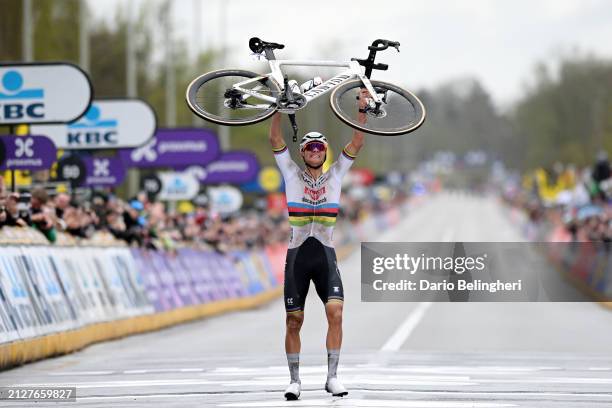 Mathieu van der Poel of The Netherlands and Team Alpecin - Deceuninck celebrates at finish line as race winner during the 108th Ronde van Vlaanderen...