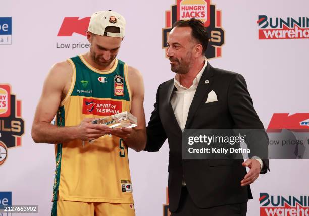 Jack Mcveigh of the JackJumpers is named MVP with Dave Stevenson, NBL CEO after JackJumpers win game five of the NBL Championship Grand Final Series...