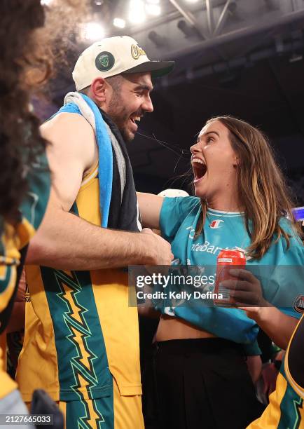 Fabijan Krslovic of the JackJumpers celebratesafter JackJumpers win game five of the NBL Championship Grand Final Series between Melbourne United and...