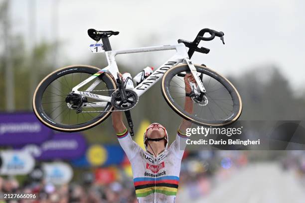 Mathieu van der Poel of The Netherlands and Team Alpecin - Deceuninck celebrates at finish line as race winner during the 108th Ronde van Vlaanderen...