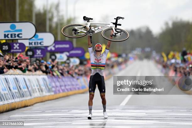 Mathieu van der Poel of The Netherlands and Team Alpecin - Deceuninck celebrates at finish line as race winner during the 108th Ronde van Vlaanderen...