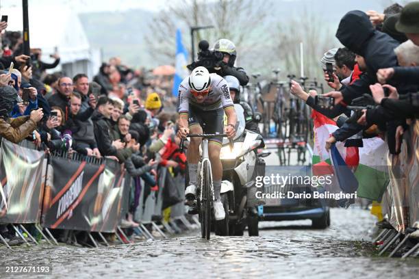 Mathieu van der Poel of The Netherlands and Team Alpecin - Deceuninck competes in the breakaway at Oude Kwaremont cobblestones sector during the...