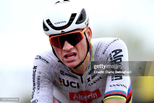 Mathieu van der Poel of The Netherlands and Team Alpecin - Deceuninck celebrates at finish line as race winner during the 108th Ronde van Vlaanderen...