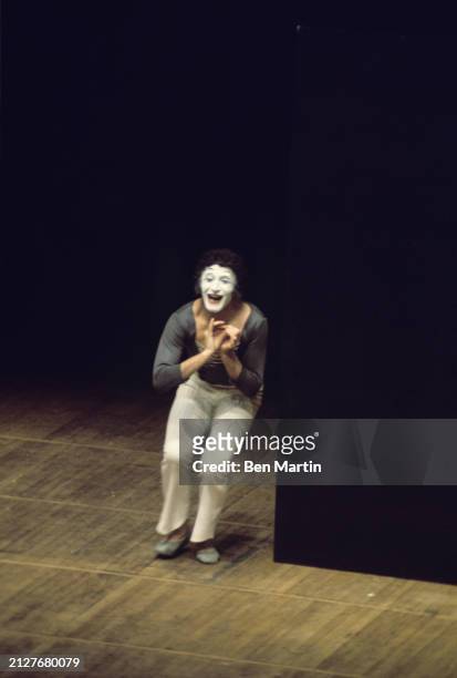 French mime artist Marcel Marceau , performing as his stage persona, Bip the Clown, at Théâtre des Champs-Elysées. Photographed for the book 'Marcel...