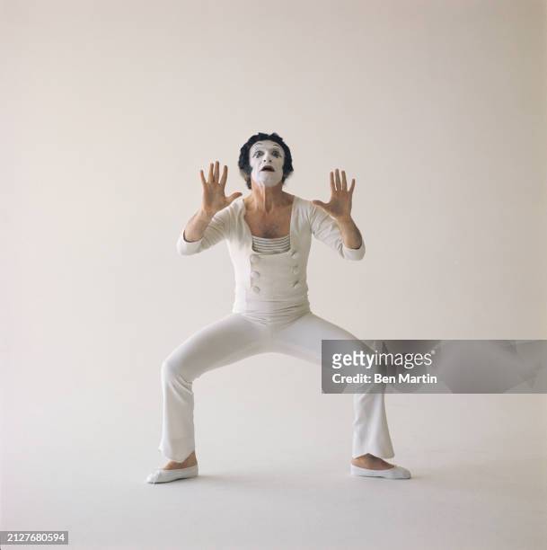 French mime artist Marcel Marceau , in costume as his stage persona, Bip the Clown, photographed for the book 'Marcel Marceau: Master of Mime',...