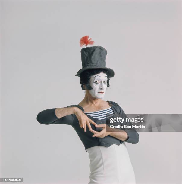 French mime artist Marcel Marceau , in costume as his stage persona, Bip the Clown, photographed for the book 'Marcel Marceau: Master of Mime',...