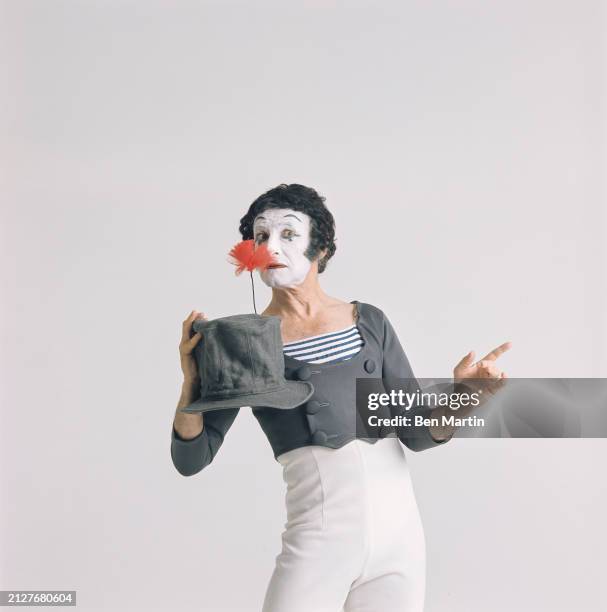 French mime artist Marcel Marceau , in costume as his stage persona, Bip the Clown, photographed for the book 'Marcel Marceau: Master of Mime',...