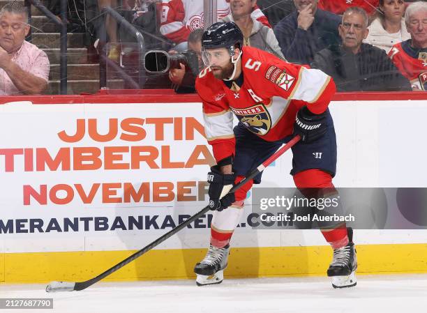 Aaron Ekblad of the Florida Panthers prepares for a face-off against of the Detroit Red Wings at the Amerant Bank Arena on March 30, 2024 in Sunrise,...