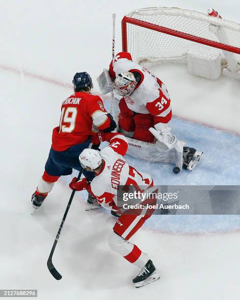 Goaltender Alex Lyon of the Detroit Red Wings stops a shot by Matthew Tkachuk of the Florida Panthers at the Amerant Bank Arena on March 30, 2024 in...