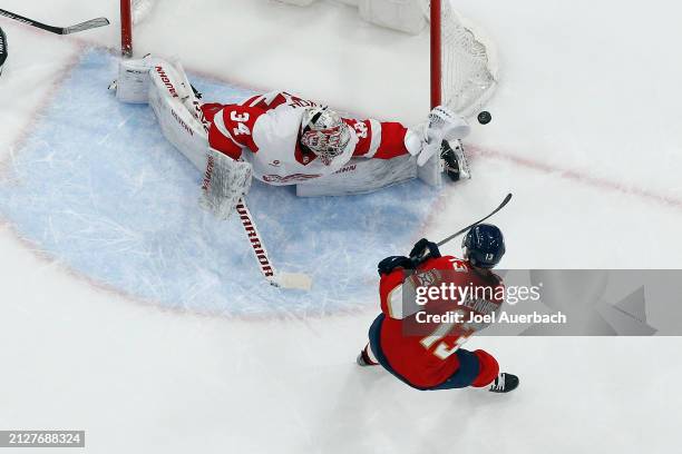 Goaltender Alex Lyon of the Detroit Red Wings deflects the shot by Sam Reinhart of the Florida Panthers at the Amerant Bank Arena on March 30, 2024...